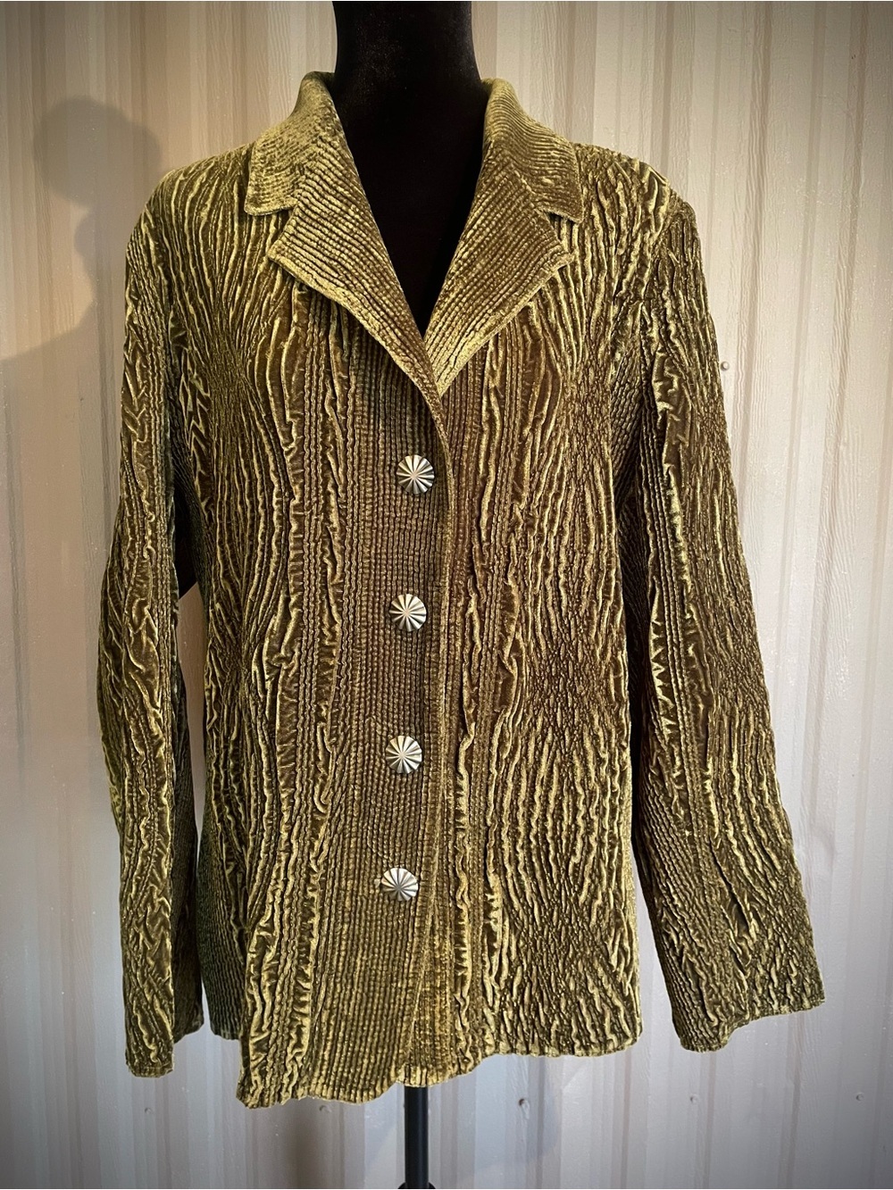 VTG Rhonda Stark Jacket Blazer Southwestern Shacket Olive Crinkle Velvet L